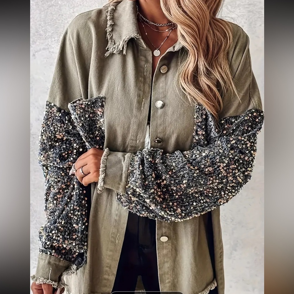 Olive Green Jean Sequin Patchwork Jacket Collar Cotton Denim Sparkly Shacket